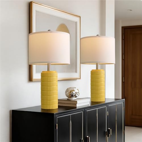 PoKat 23" Yellow Table Lamps Set of 2, Modern Living Room End Table Lamps Decor, Ceramic Lamps for Living Room