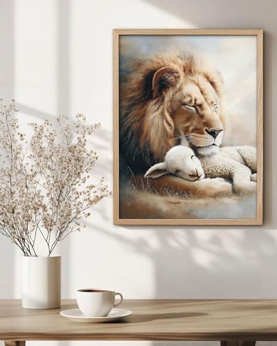KensTro 12x16 Oak Framed Lion and Lamb Christian Wall Art