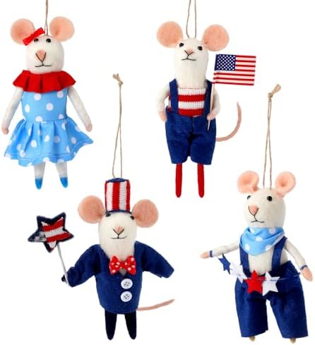 Hahafelt 4 Pcs 4th of July Felt Mice Ornament Cute Patriotic Wool Mouse Set