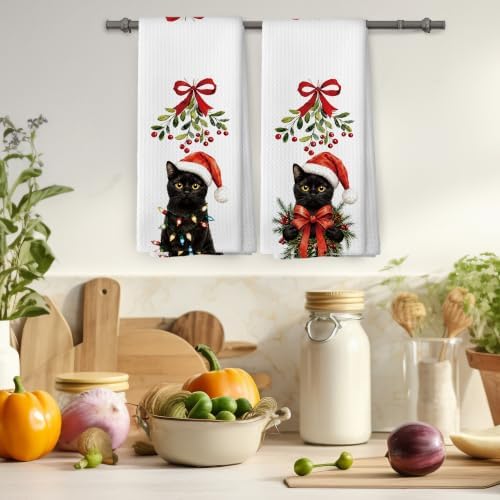 Funny Christmas Black Cat Kitchen Towels Gifts for Women Set of 2