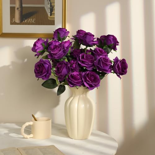 Nubry Artificial Silk Roses, 10Pcs Lifelike Fake Rose Bouquet, Purple Faux Flowers for Home Office Decor, Table Centerpiece, Wedding, Birthday Gift & Anniversary
