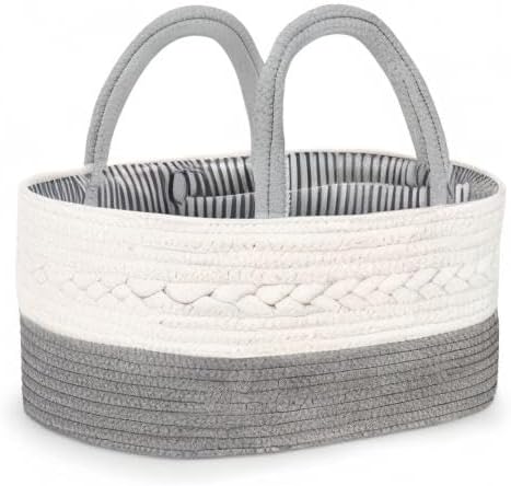 Diaper Caddy Organizer for Baby Boy- Cotton Rope for Changing Table / Large / Grey
