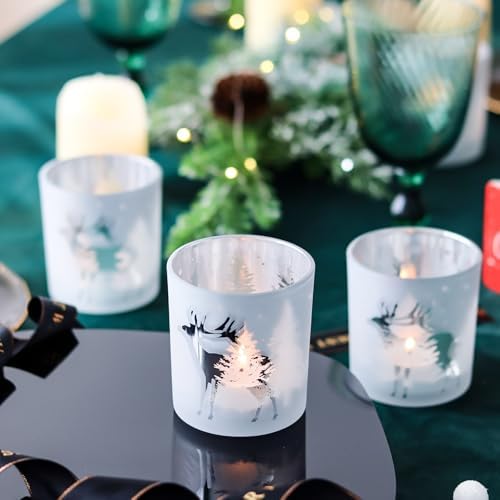 SHMILMH Christmas Votive Candle Holders Set of 4, Silver Glass Tealight Candle Holders for Xmas Table Centerpiece Decorations, Christmas Candle Jar for Making Candles Gift