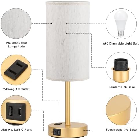 Fenmzee 17.4" Gold Lamp for Bedroom - Dimmable Touch, USB A+C, AC Outlet
