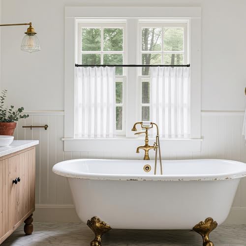 TWODRAPES Pleated White Linen Semi Sheer Cafe 30 Inch Curtains 2 Panels