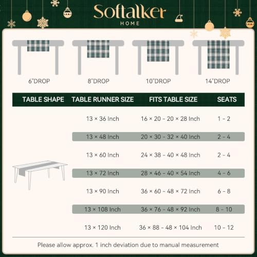 Softalker Christmas Checkered Table Runner, Green and White, 13 x 36 Inch