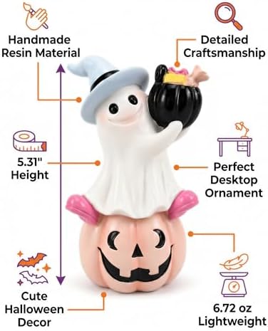 Halloween Ghost Pumpkin Figurine, Cute Resin Ghost on Jack O Lantern with Witch Hat and Candy Bucket, Spooky Shelf Decor for Mantel Table Tiered Tray Home Office Decoration Gift (Ghost on Pumpkin)