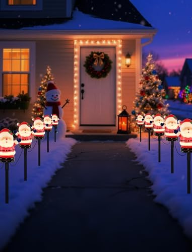 10.5FT Christmas Pathway Lights, 5PK LED Welcome Santa Yard Stake Lights