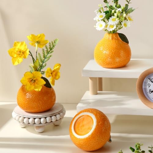 Sieral 3 Pcs 3.7 Inch Ceramic Orange Vase with Green Leaves Cute Tangerine Shape Ceramic Planter Hydroponics Vase Small Orange Flower Pot for Living Room, Bookshelf, Office Home Decor