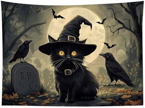 LB Halloween Black Cat Tapestry, Night Forest Full Moon and Black Crow Scary Halloween Wall Tapestry for Bedroom, Spooky Gothic Wall Art for Living Room Dorm Home Decor Ready to Hanging, 59 x 51 Inches