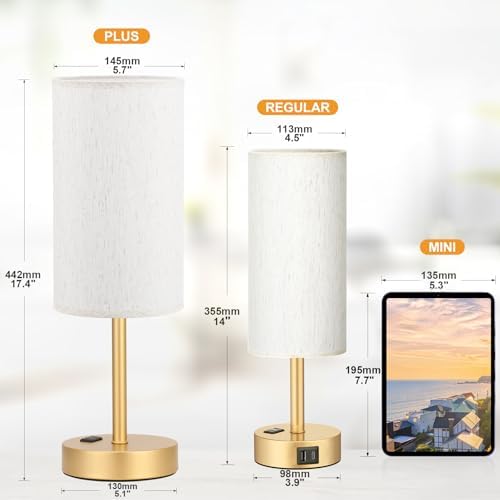 Fenmzee 17.4" Gold Lamp for Bedroom - Dimmable Touch, USB A+C, AC Outlet