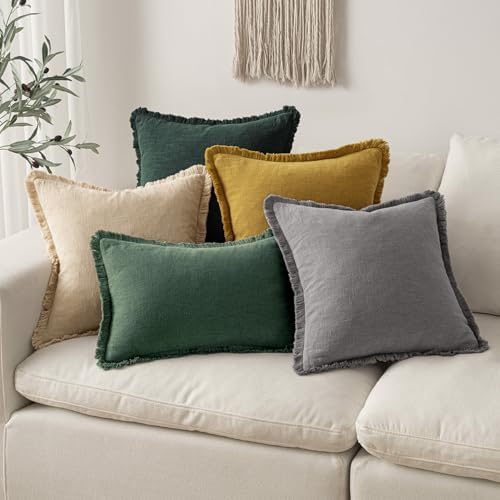 MIULEE Linen Fringe Decorative Euro Throw Pillow Covers Army Green 22x22