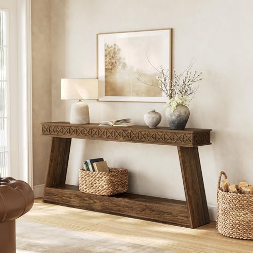 LITTLE TREE 70.87" Long Farmhouse Console Table, 2-Tier Shelf Narrow Accent Entryway Sofa Table for Living Room, Behind