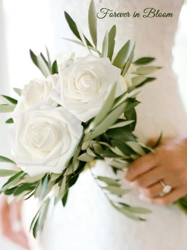MACTING 30PCS White Artificial Roses with Stems, Real Touch Foam Flowers