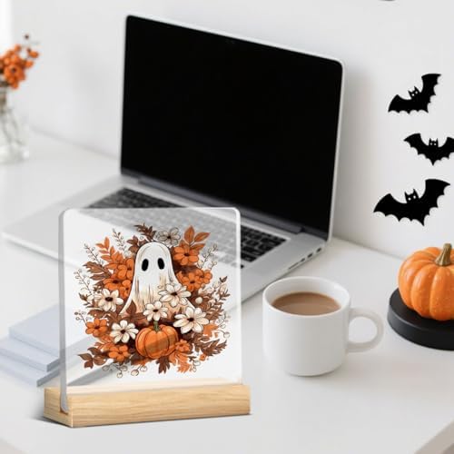 Cute Halloween Home Decor Halloween Decorations Flowers Pumpkin Ghost Acrylic Sign Party Decorations for Home Room Office Desk Decor Gifts for Women