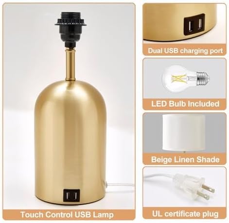 Bedside Lamp with USB Port, Touch Control Table Lamp for Bedroom, Dimmable Modern Nightstand Lamp with Fabric Shade