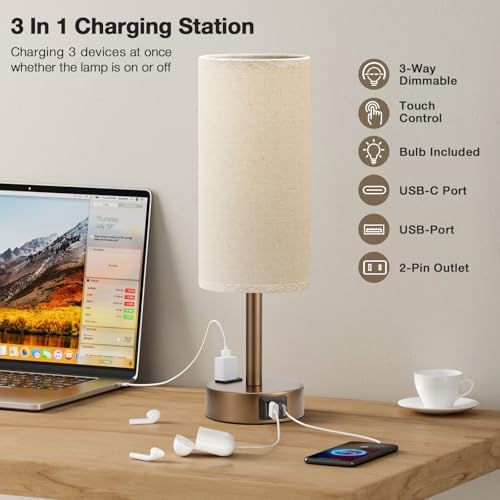 Fenmzee Brown Bedside Lamp for Bedroom, Dimmable Touch, USB A+C, AC Outlet