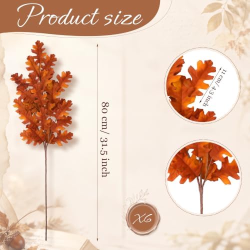 Wavwavw 6 Pcs 32'' Fall Artificial Oak Leaves Stem Fake Oak Branch Decor