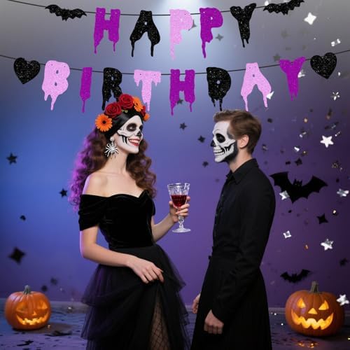 Happy Birthday Halloween Banner NO DIY Glitter Halloween Birthday Party Decorations for Home Office Wall Mantle Scary Party Decorations (Purple Black Pink)