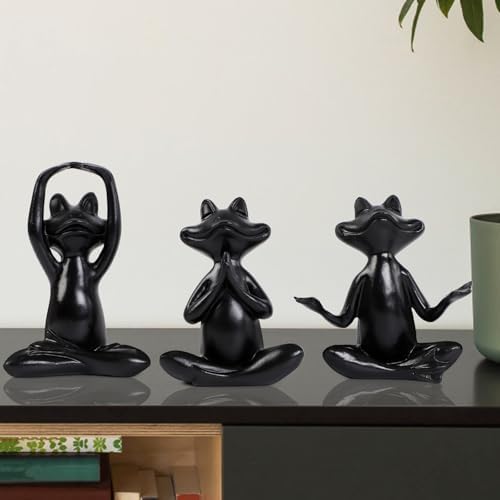 Suoedd Black Frog Yoga Figurines 3 Pcs,Modern Decor for Shelf,Desk,Office