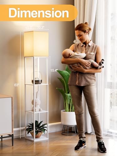 Floor Lamp with Shelves for Living Room White, Shelf Floor Lamp with 3 CCT LED Bulb, Corner Display Standing Column