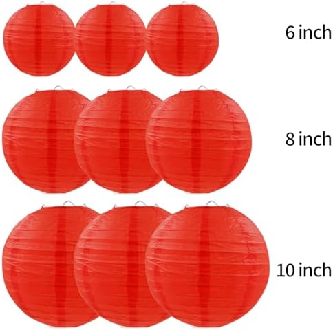 Red Paper Lanterns Round Hanging Lanterns for Birthday Wedding Baby Bridal Shower Christmas Home Party Decoration (9 PCS)
