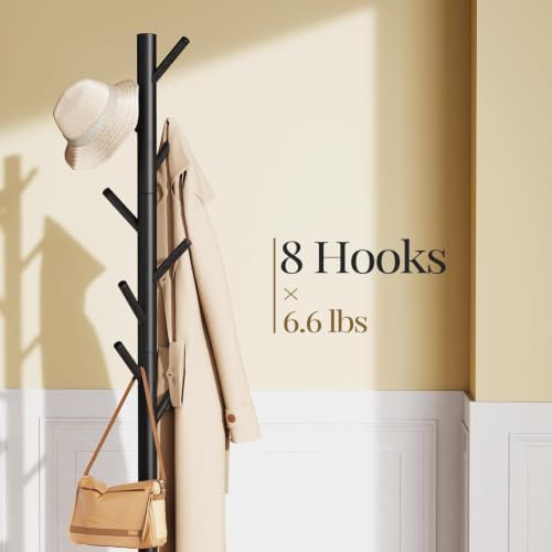 Pipishell Solid Wooden Coat Rack Freestanding with 8 Hooks, Black