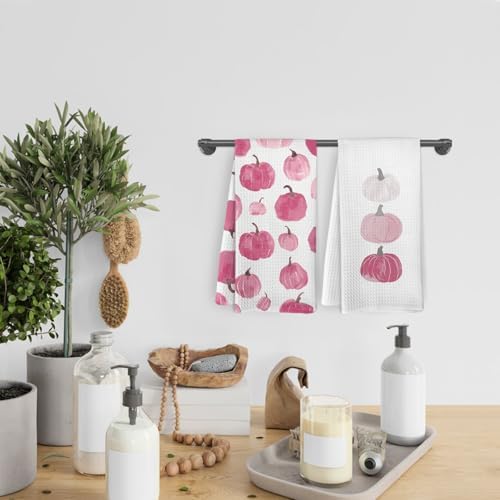Pink Fall Pumpkin Decor Kitchen Towels and Dishcloths Set of 2, Pink Fall Hand Towels, Farmhouse Pumpkins Decorations Hand Tea Towel for Dorm Bathroom Bedroom, Autumn Tea Towel, 16×24 Inch