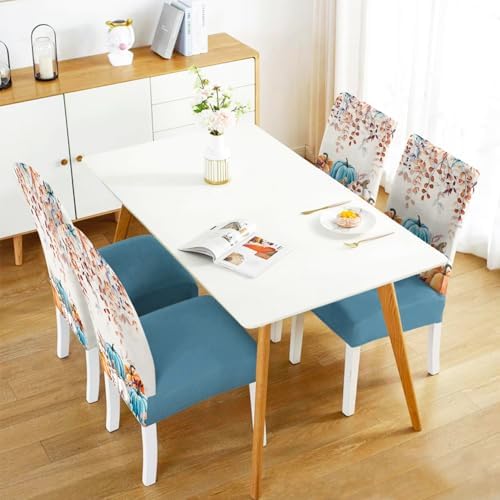 Fall Chair Covers Set of 4,Thanksgiving Parsons Chair slipcovers,Fall Pumpkin Kitchen Dining Room Decor Chair Seat Cover Protectors(Blue Pumpkin,4 Pack)