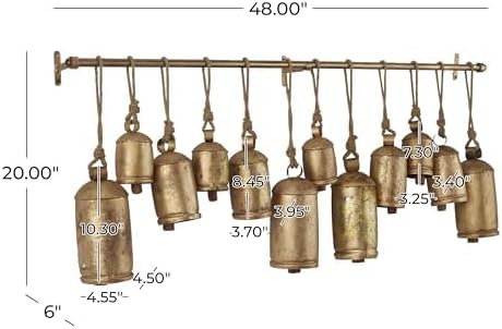 Deco 79 Metal Decorative Cow Bells Tibetan Inspired with 12 Bells on Jute Hanging Ropes and Rod, 48" x 6" x 20", Gold