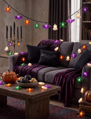 8.5FT 10 LED Halloween Spider Bat Ghost String Lights Outdoor, Plug in