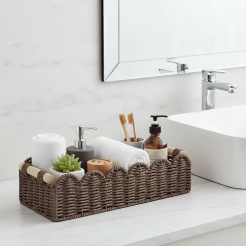 Paper Rope Scalloped Edge Shelves Storage Basket / Brown / 14 x 6.3 x 3.9 / M - In