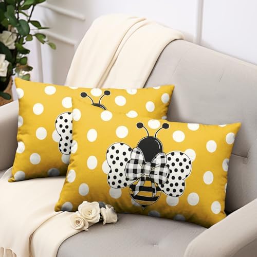Lumbar Pillows Covers 12x20 Set of 2 Spring Summer Farmhouse Decorative Bumble Bee Polka Dots Throw Pillow Cover Yellow Honey Bee Rectangle Waist Cushion Case for Outdoor Couch Patio