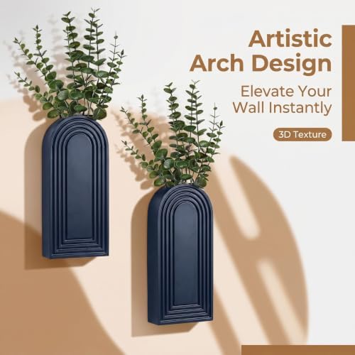 Dnnnii 2 Pack Wooden Wall Vase Set - Blue Finish Modern Farmhouse & Boho Wall Decor for Entryway, Hallway, Bathroom