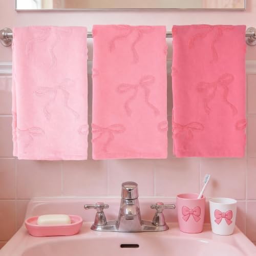Whaline 3Pcs Pink Bow Hand Towel 3D Jacquard Cotton Towel Absorbent Coquette Dish Towels for Valentine's Day Home Kitchen Bathroom, 13.8 x 29.5 Inch