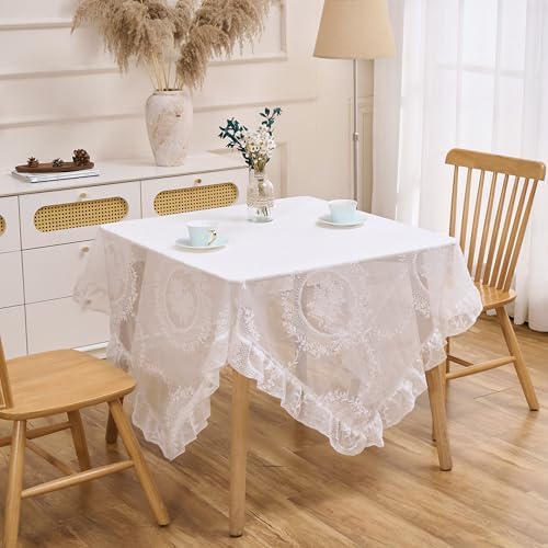 White Lace Floral Embroidered Square Tablecloth 55”x55” Table Cloth