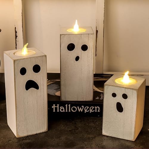 Halloween Decorations: 3pcs Cute White Ghost Decor, Farmhouse Wooden Ghost Sign with Flameless LED Tea Lights, Rustic Room Decor for Kids Home Office School Desk Fireplace