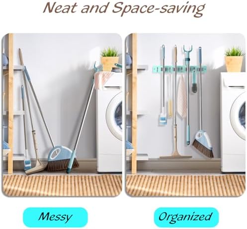 OUTNILI Turquoise Mop Broom Holder Wall Mount with 4 Slots & 4 Hooks - Wood Broom Mop Hanger for Pantry Closet Laundry