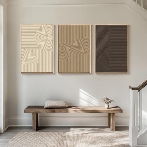 Large 3D Framed Neutral Abstract Wall Art for Living Room, 3 Piece 24x36 In