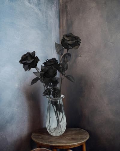 Black Roses Artificial Flowers, 12 Pcs Fake Rose in Bulk, Long Stem Realistic Silk Roses Bouquet for Centerpieces Flower Arrangement, Halloween Home Decor, Gothic Decoration (Black2, 12-PCS)