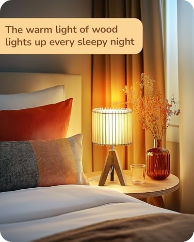 EDISHINE 14.17" Small Table Lamp, Wood-Colored Hollow Shade, E26 Base
