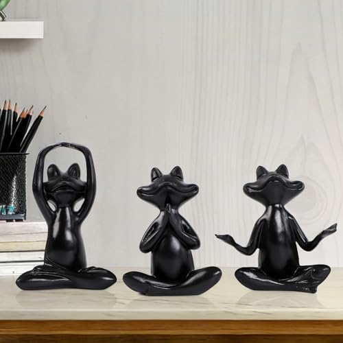 Suoedd Black Frog Yoga Figurines 3 Pcs,Modern Decor for Shelf,Desk,Office