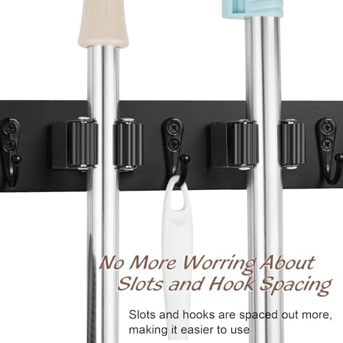 OUTNILI Mop and Broom Holder Wall Mount - Black Broom Mop Hanger - Wall Mounted Garden Tool Rack Organizer for Closet