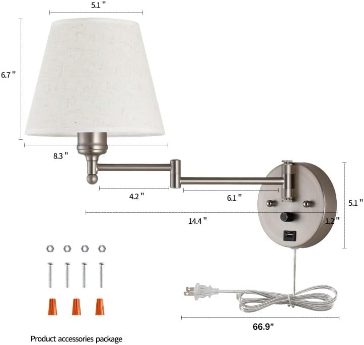 Swing Arm Wall Lamp Wall Mount Lamp with Cord Plug in Wall Sconce Lighting with Dimmable On Off Switch Wall Light with