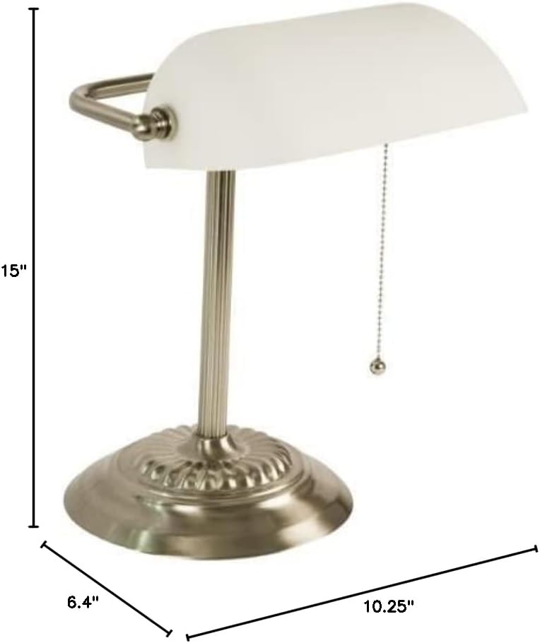 LIGHTACCENTS Bankers Desk Lamp with White Glass Shade, Nickel Finish - Traditional Desk Light for Home Office, Reading
