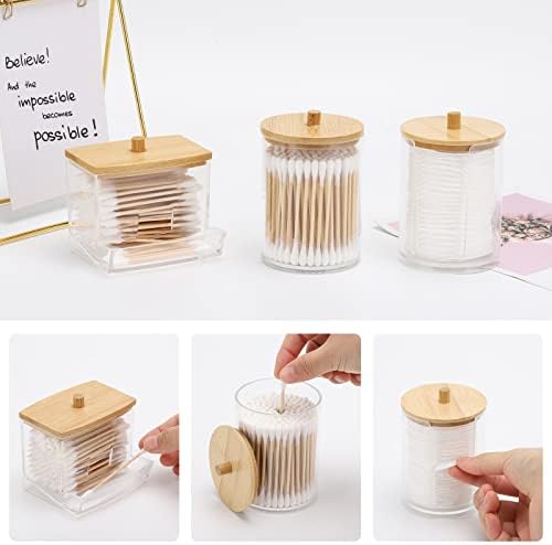 Tbestmax Bathroom Organizer Accessories Set-10 OZ Qtips Holder Storage with Bamboo Lids, Cotton Ball/Swabs Dispenser