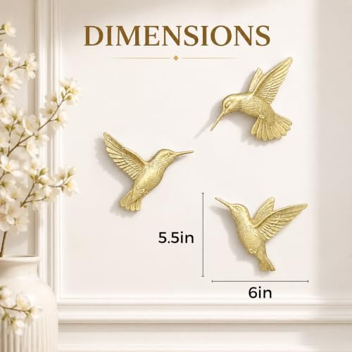 GUSFREUD 3D Hummingbird Wall Decor Set - Gold Resin Bird Wall Decor for Living Room, Bedroom and Gallery Walls