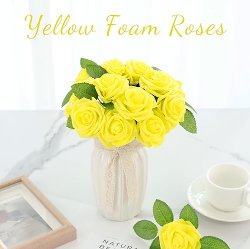 16 Pcs Yellow Artificial Flowers, Fake Roses with Stems
