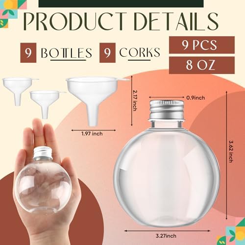 Jinei 9 Pcs 8 Oz Clear Plastic Potion Bottles Sphere Corked,Silver,Lid