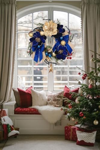 24" Christmas Wreath for Front Door with Blue Magnolia Artificial & Berries